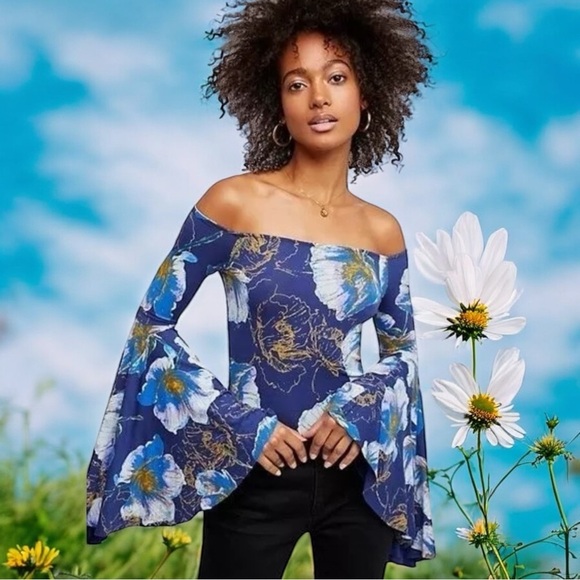 We The Free Blue and Yellow Floral Print Flutter Sleeve Fairy Top Size M - Picture 1 of 10